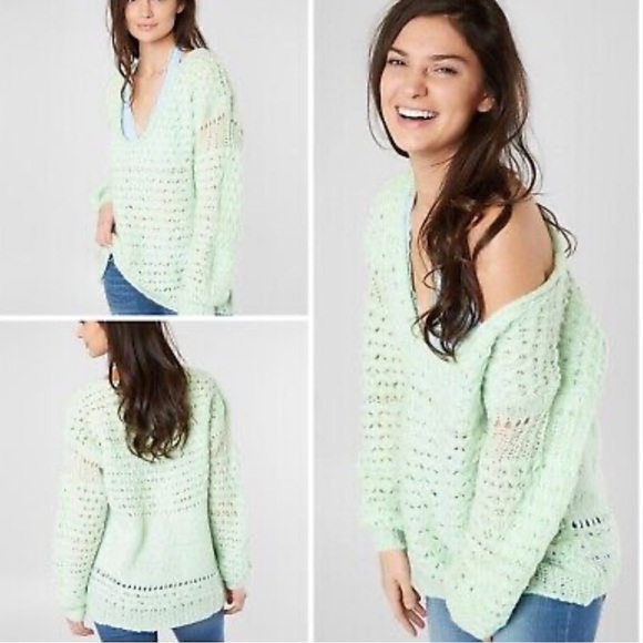 Free People Crashing Waves Open Knit Sweater Wool Blend Mint Green Slouchy S - Picture 5 of 14